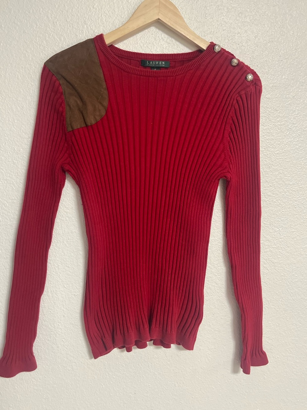 Ralph Lauren Red Ribbed Long-Sleeve Sweater with Brown Shoulder Patch